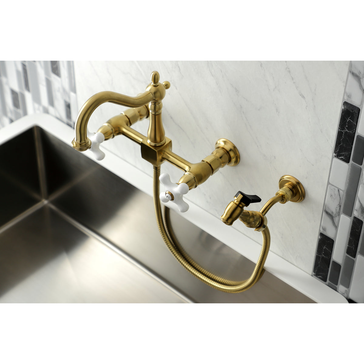 Kingston Brass KS1261PXBS Heritage Wall Mount Bridge Kitchen Faucet with Brass Sprayer