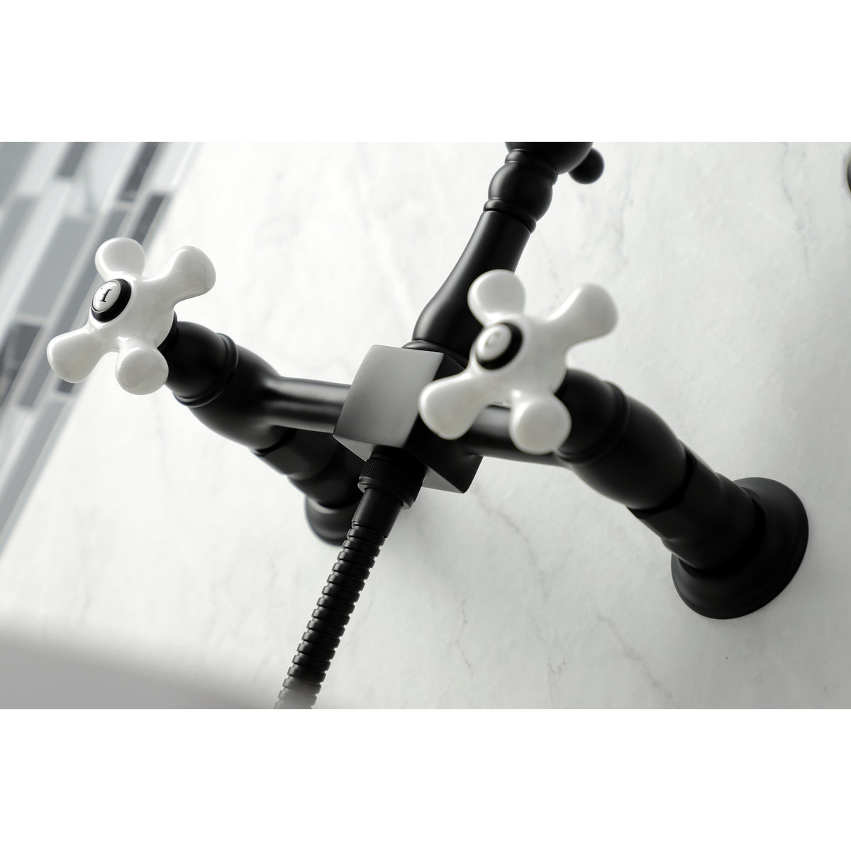 Kingston Brass KS1261PXBS Heritage Wall Mount Bridge Kitchen Faucet with Brass Sprayer