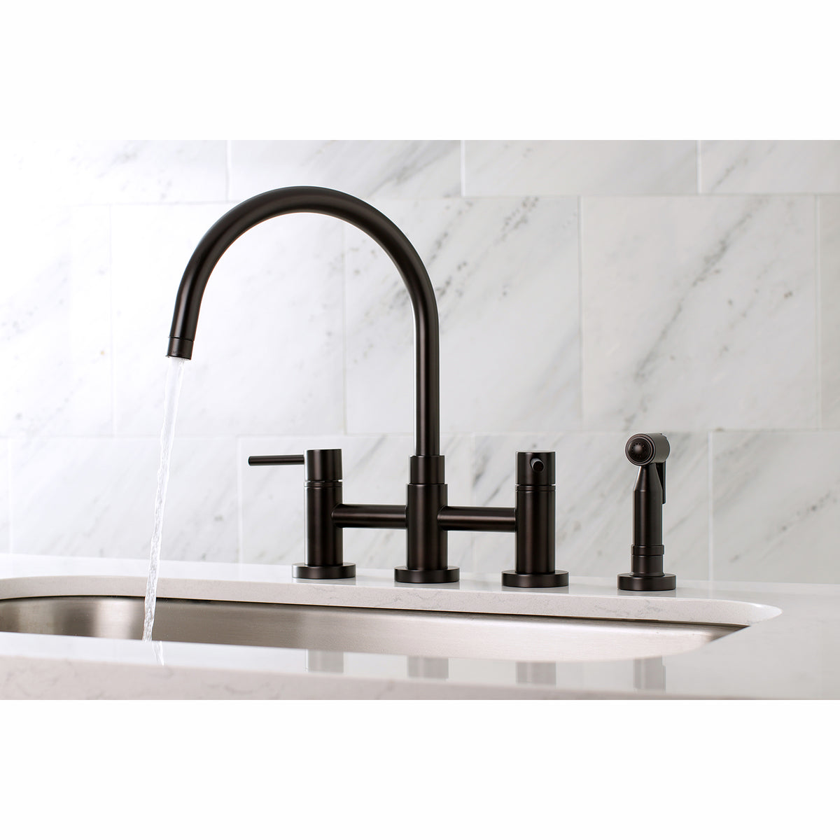 Kingston Brass KS8278DLBS Concord Two-Handle Bridge Kitchen Faucet with Brass Side Sprayer