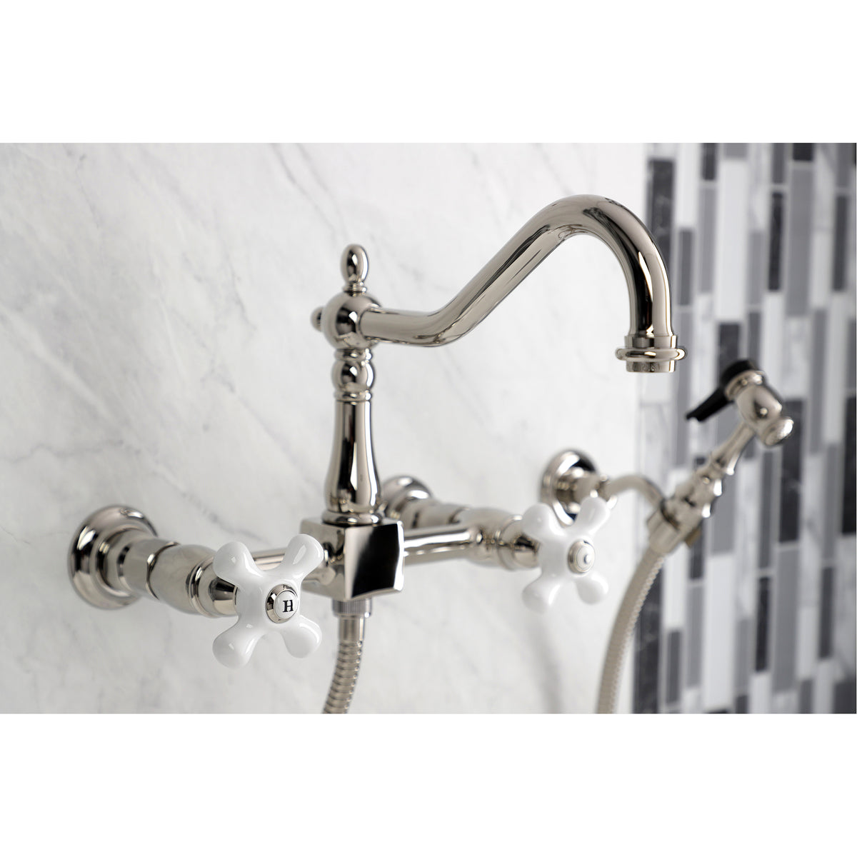 Kingston Brass KS1242PXBS Heritage Wall Mount Bridge Kitchen Faucet with Brass Spray