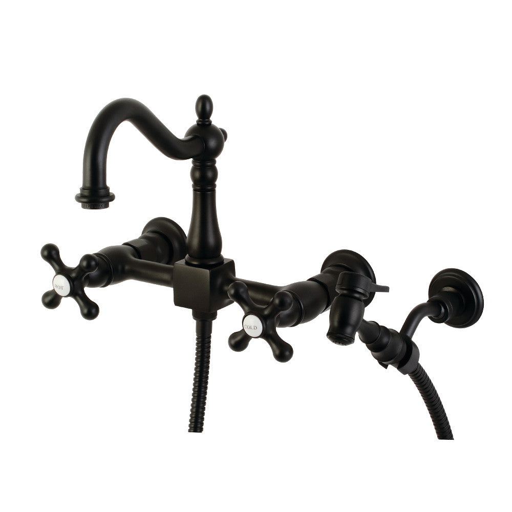 Kingston Brass KS1265AXBS Heritage Wall Mount Bridge Kitchen Faucet with Brass Sprayer