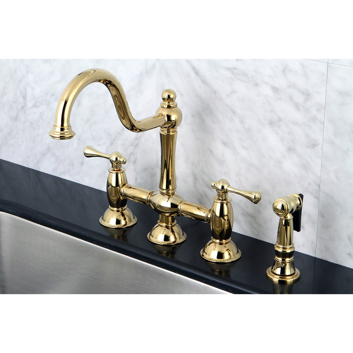 Kingston Brass KS3791BLBS Restoration Bridge Kitchen Faucet with Brass Sprayer