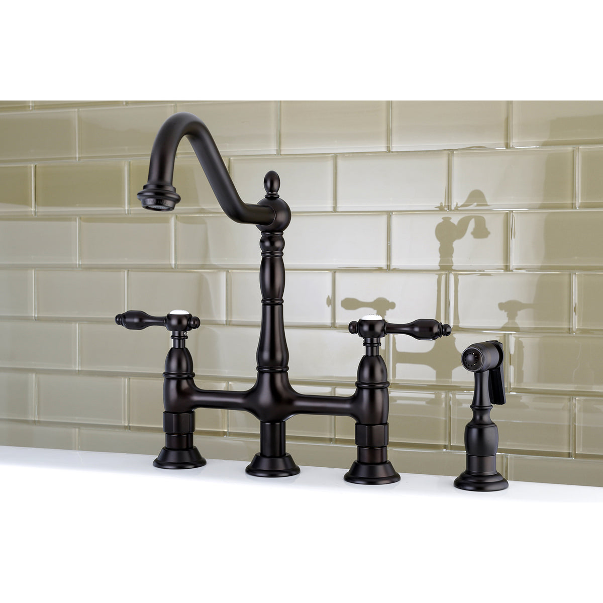 Kingston Brass KS1275TALBS Tudor Bridge Kitchen Faucet with Brass Sprayer