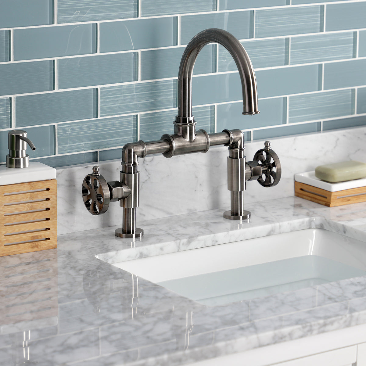 Kingston Brass KS217RXVN Belknap Industrial Style Wheel Handle Bridge Bathroom Faucet with Pop-Up Drain