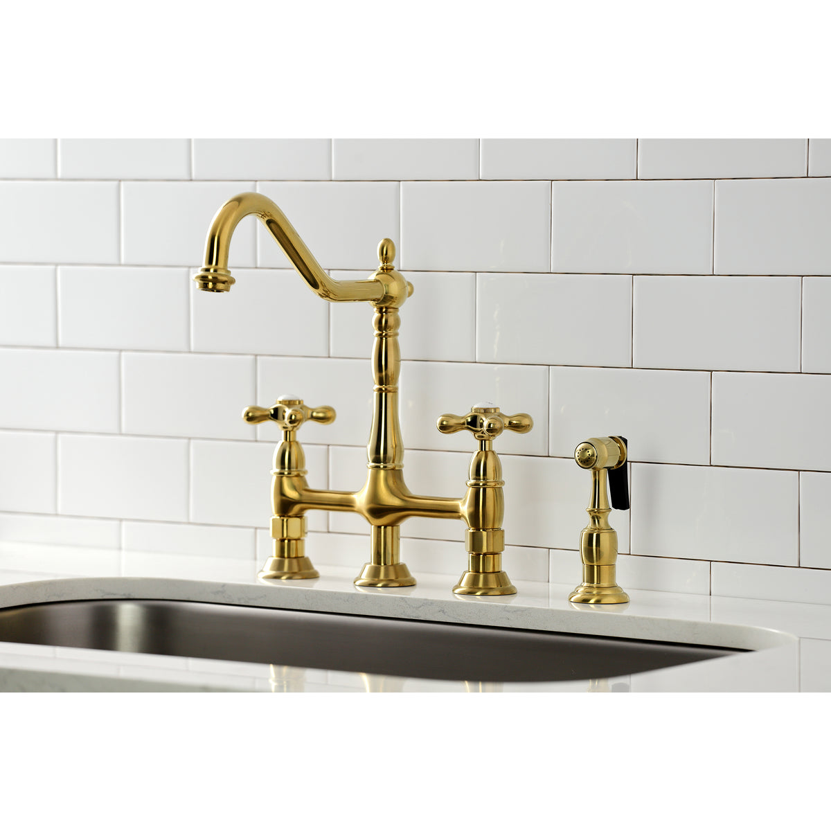 Kingston Brass KS1270AXBS Heritage Bridge Kitchen Faucet with Brass Sprayer