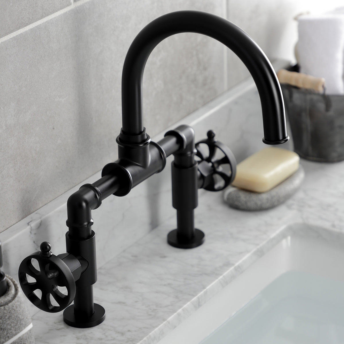 Kingston Brass KS217RXVN Belknap Industrial Style Wheel Handle Bridge Bathroom Faucet with Pop-Up Drain