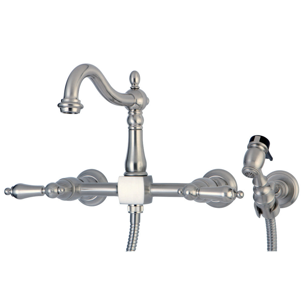 Kingston Brass KS1260ALBS Heritage Wall Mount Bridge Kitchen Faucet with Brass Sprayer