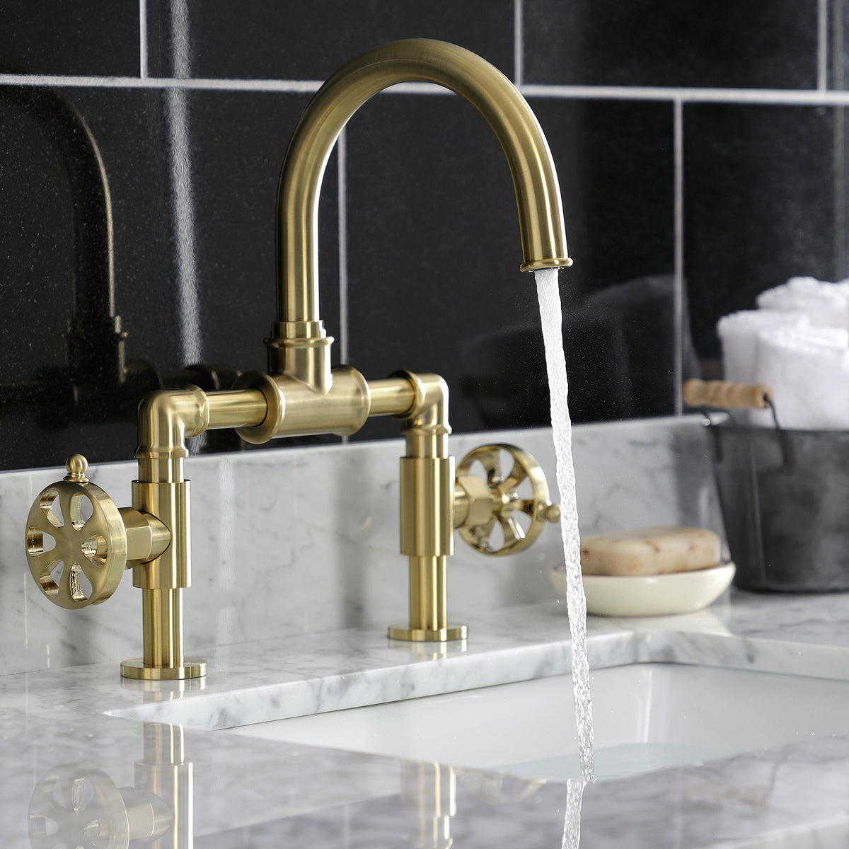 Kingston Brass KS217RXVN Belknap Industrial Style Wheel Handle Bridge Bathroom Faucet with Pop-Up Drain