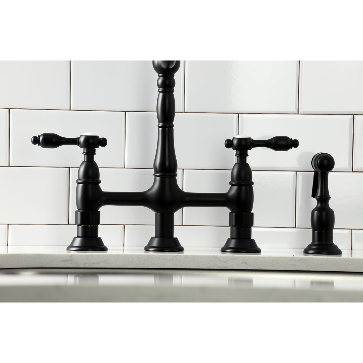 Kingston Brass KS1275TALBS Tudor Bridge Kitchen Faucet with Brass Sprayer