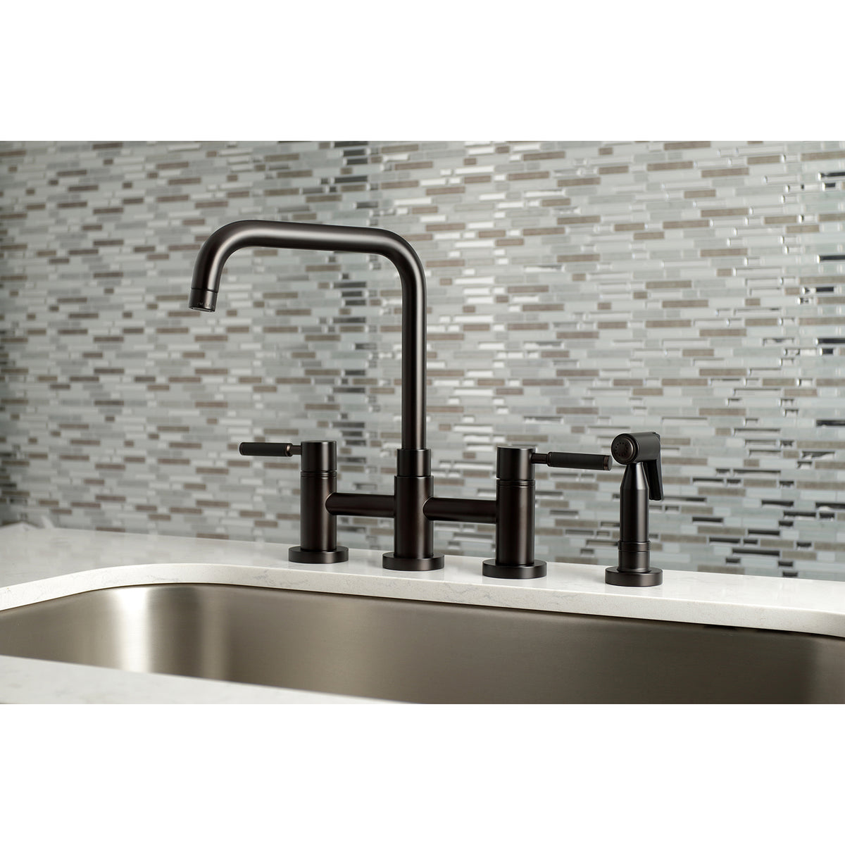 Kingston Brass KS8288DKLBS Concord Two-Handle Bridge Kitchen Faucet with Brass Side Sprayer