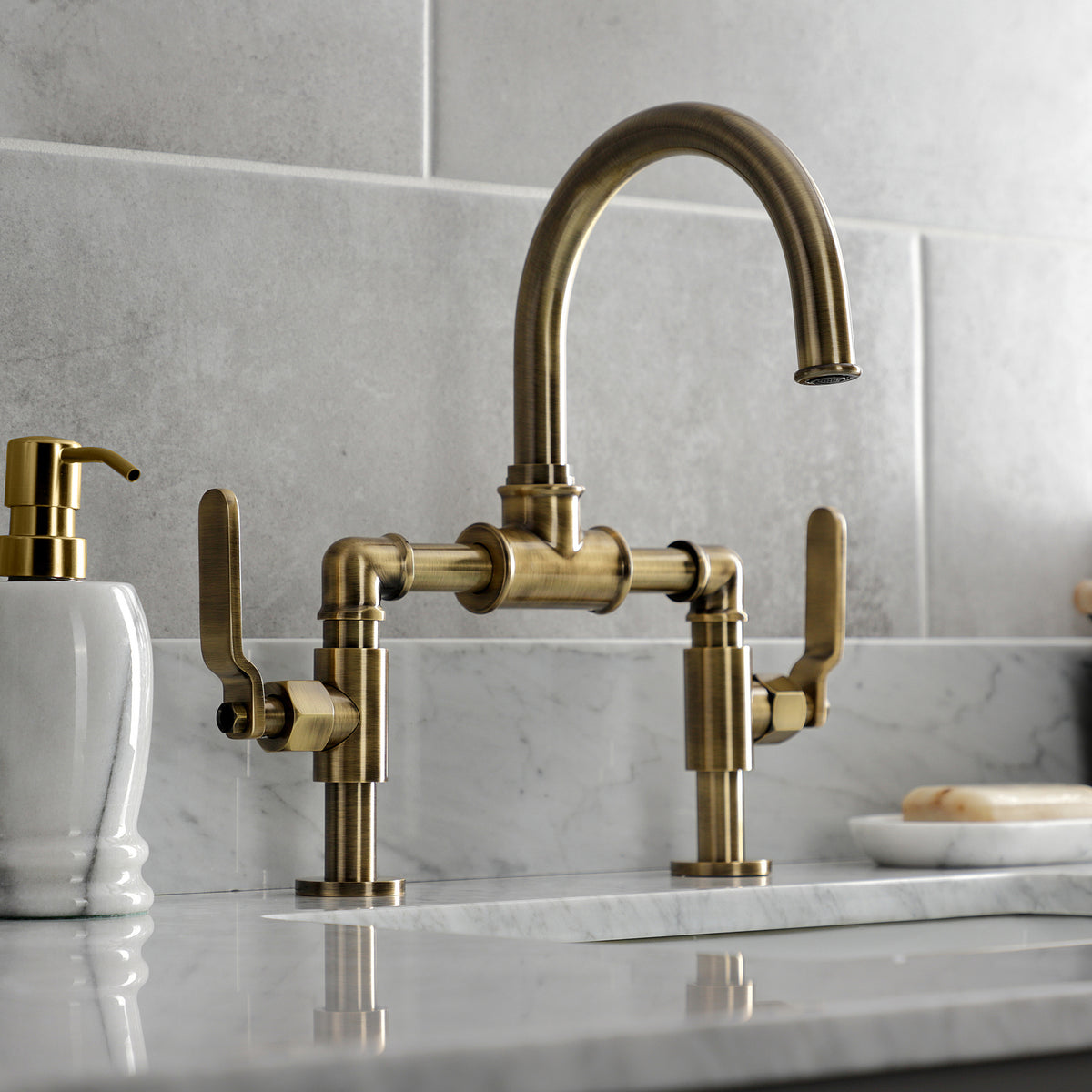 Kingston Brass KS2171KL Whitaker Industrial Style Bridge Bathroom Faucet with Pop-Up Drain