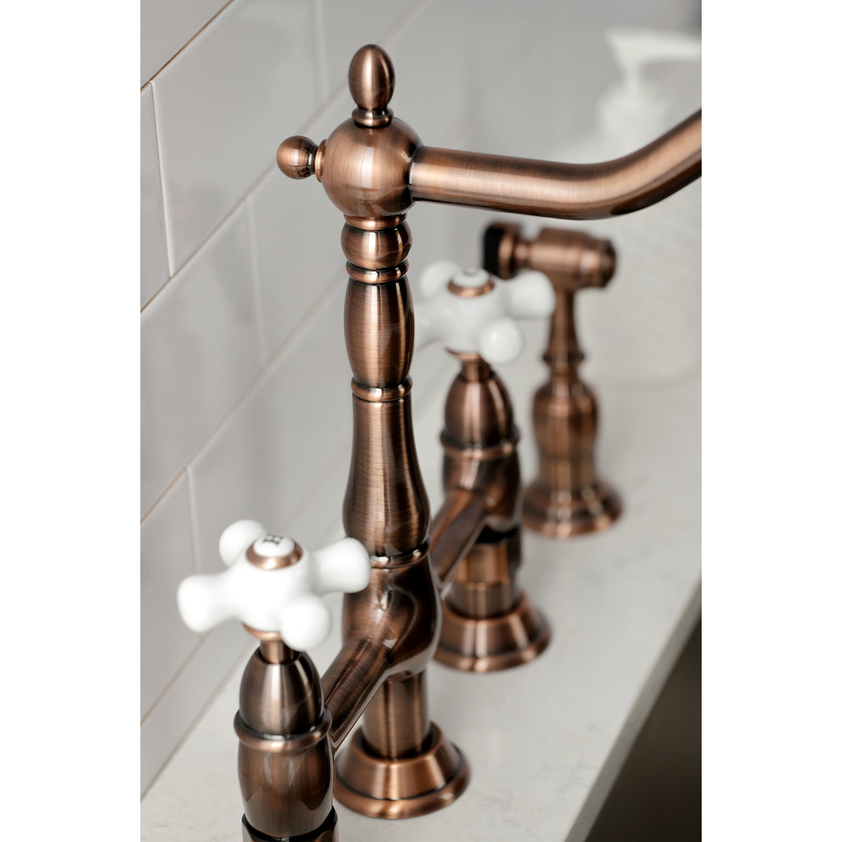 Kingston Brass KS1273PXBS Heritage Bridge Kitchen Faucet with Brass Sprayer