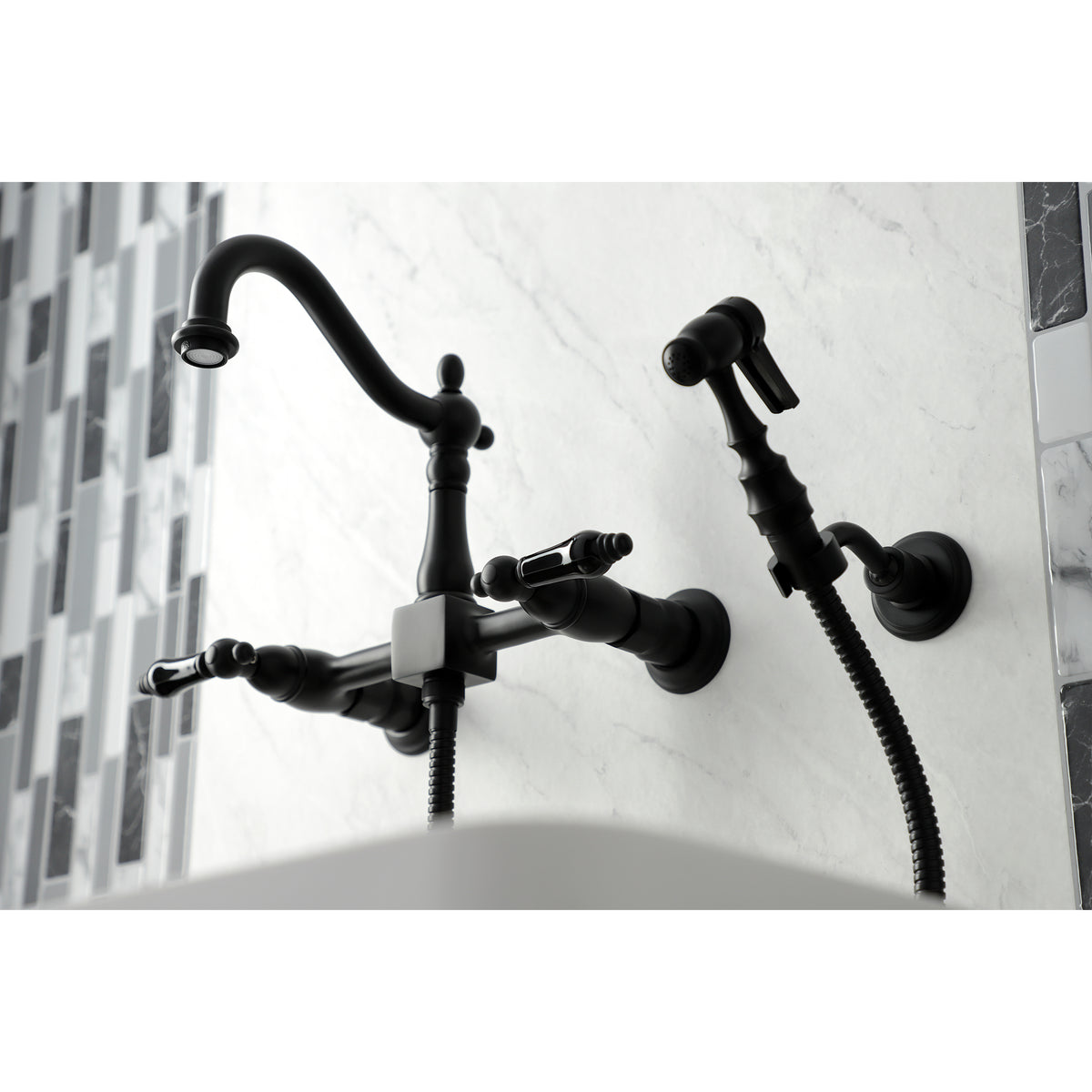 Kingston Brass KS1262PKLBS Duchess Wall Mount Bridge Kitchen Faucet with Brass Sprayer