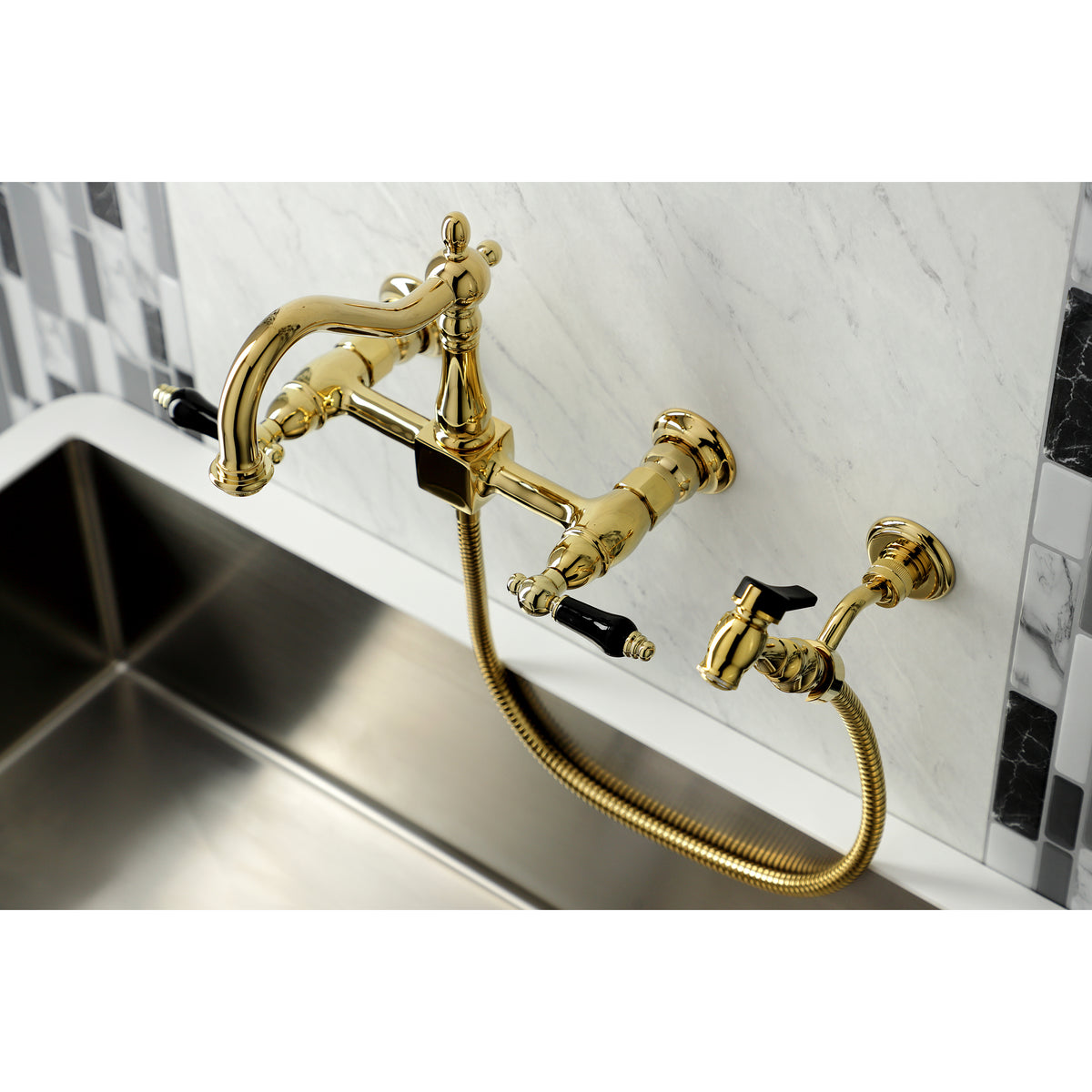 Kingston Brass KS1262PKLBS Duchess Wall Mount Bridge Kitchen Faucet with Brass Sprayer