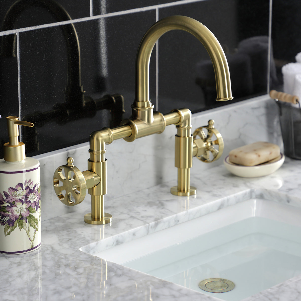Kingston Brass KS217RXVN Belknap Industrial Style Wheel Handle Bridge Bathroom Faucet with Pop-Up Drain
