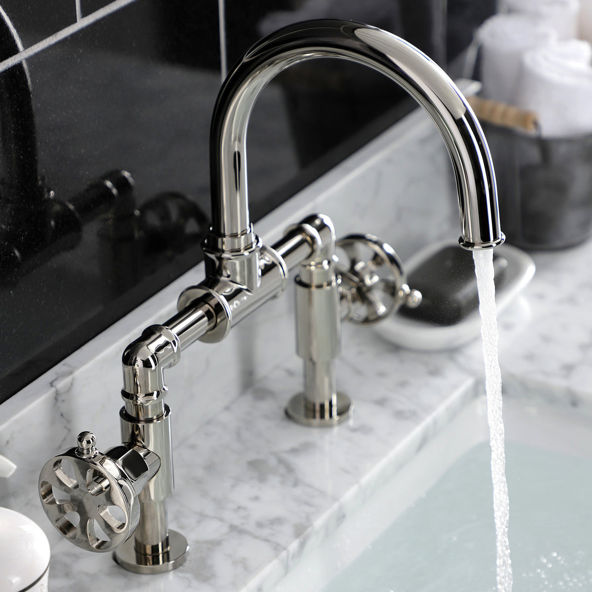 Kingston Brass KS217RXVN Belknap Industrial Style Wheel Handle Bridge Bathroom Faucet with Pop-Up Drain