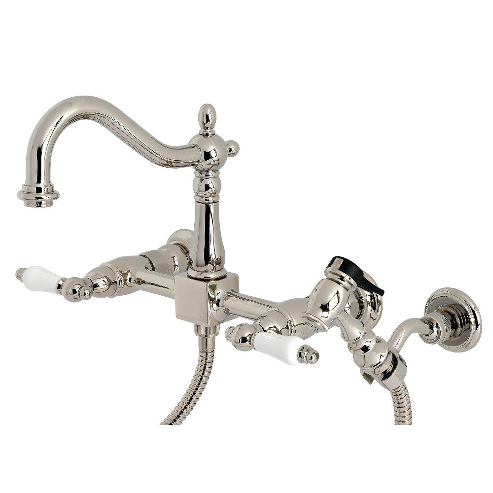 Kingston Brass KS1260PLBS Heritage Wall Mount Bridge Kitchen Faucet with Brass Sprayer