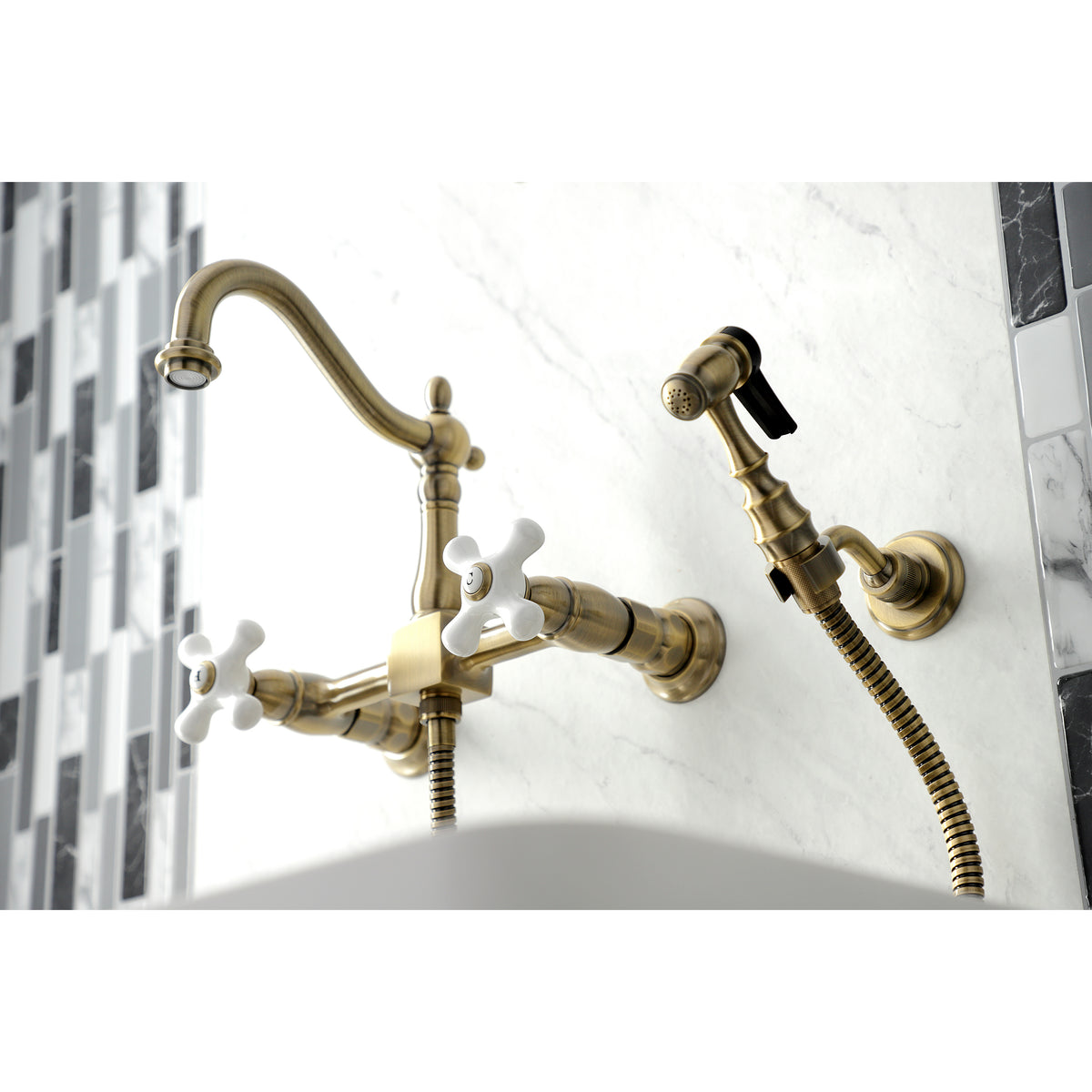 Kingston Brass KS1261PXBS Heritage Wall Mount Bridge Kitchen Faucet with Brass Sprayer