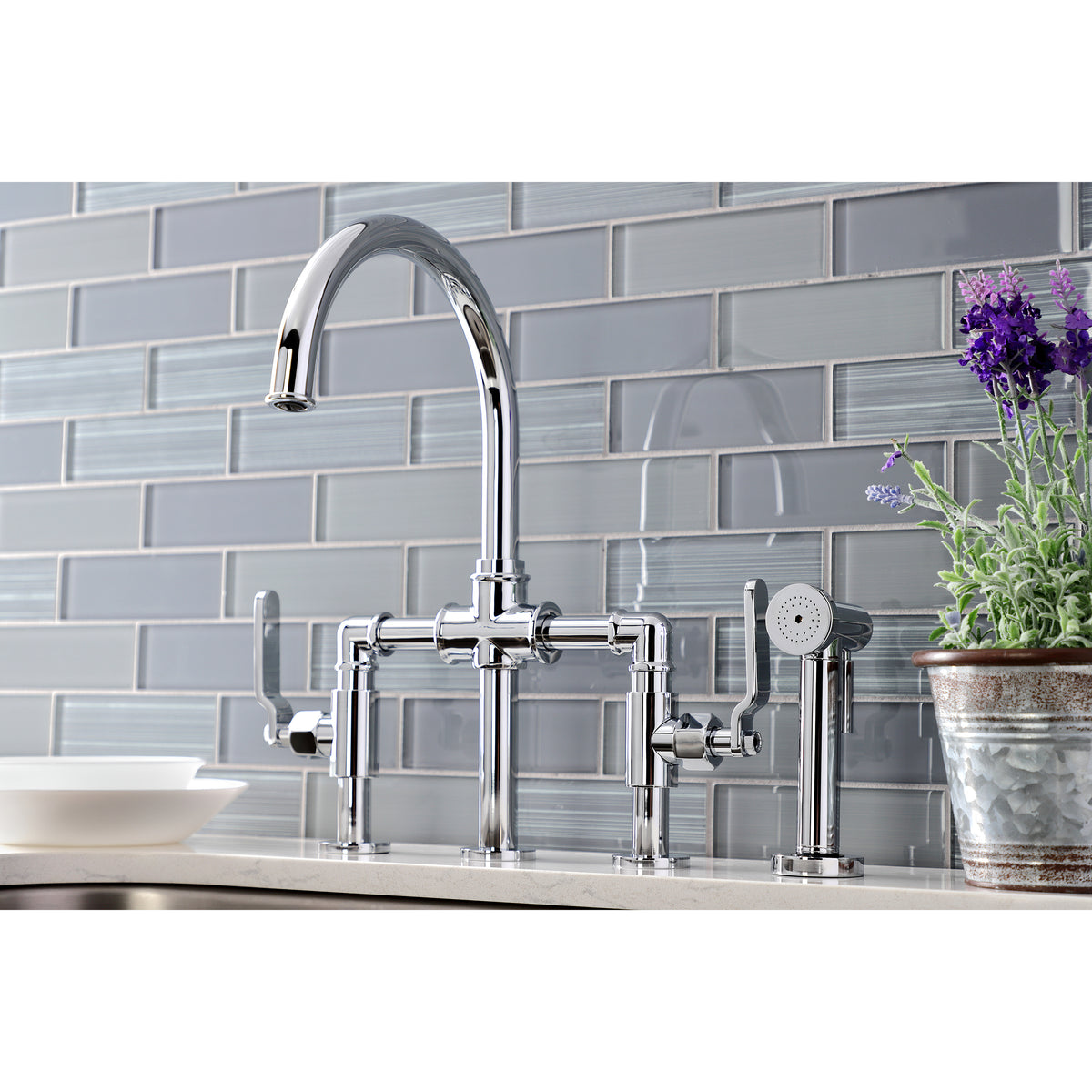 Kingston Brass KS2330KL Whitaker Industrial Style Bridge Kitchen Faucet with Brass Sprayer