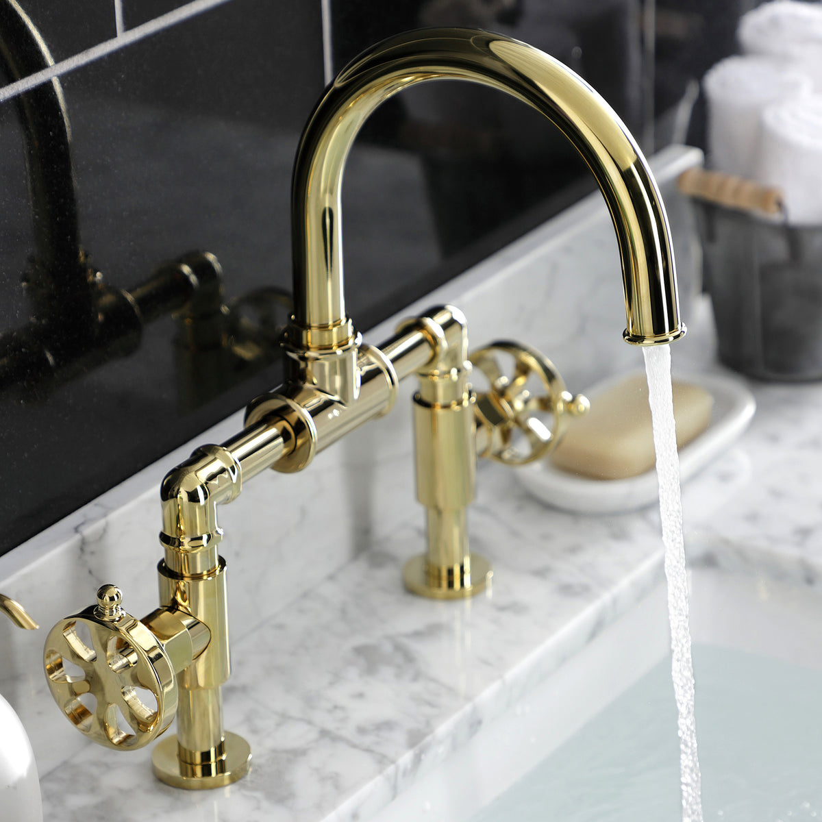 Kingston Brass KS217RXVN Belknap Industrial Style Wheel Handle Bridge Bathroom Faucet with Pop-Up Drain