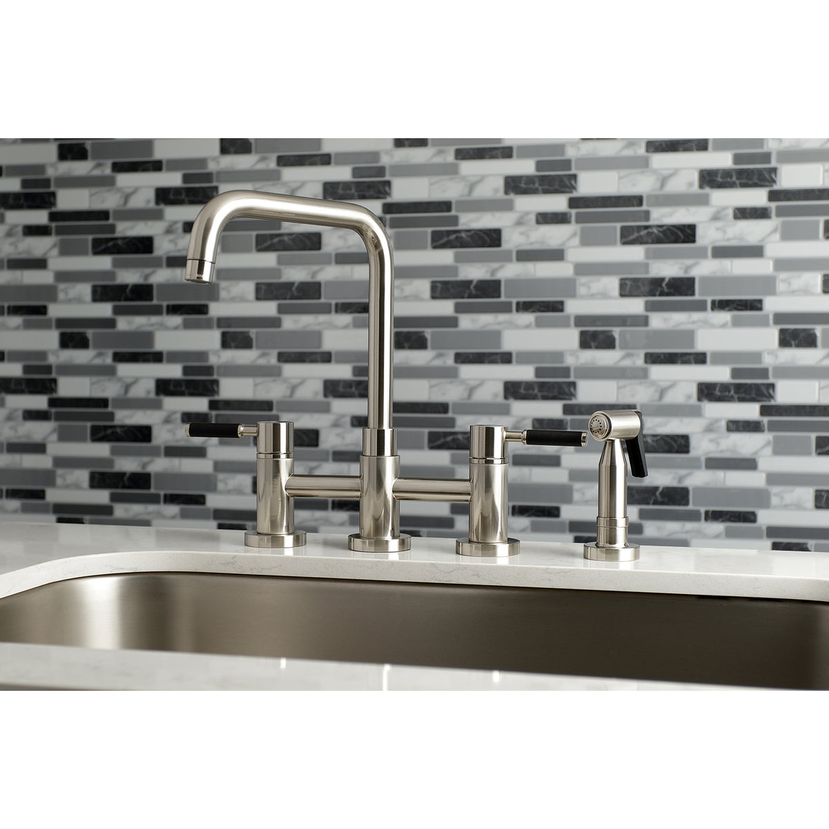 Kingston Brass KS8288DKLBS Concord Two-Handle Bridge Kitchen Faucet with Brass Side Sprayer