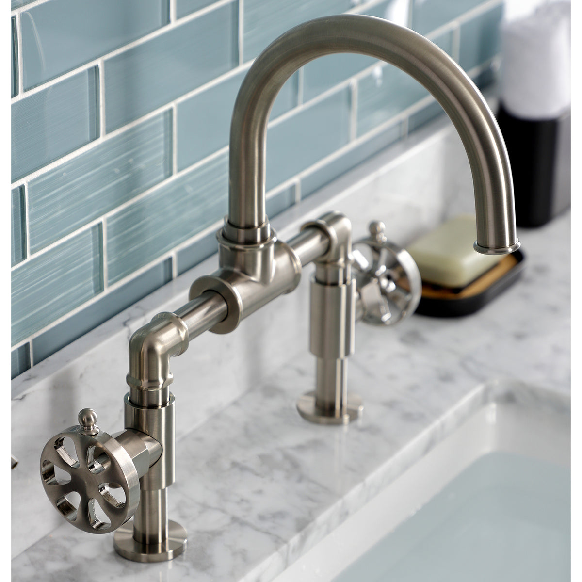 Kingston Brass KS217RXVN Belknap Industrial Style Wheel Handle Bridge Bathroom Faucet with Pop-Up Drain