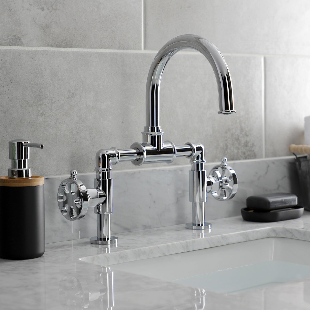 Kingston Brass KS217RXVN Belknap Industrial Style Wheel Handle Bridge Bathroom Faucet with Pop-Up Drain