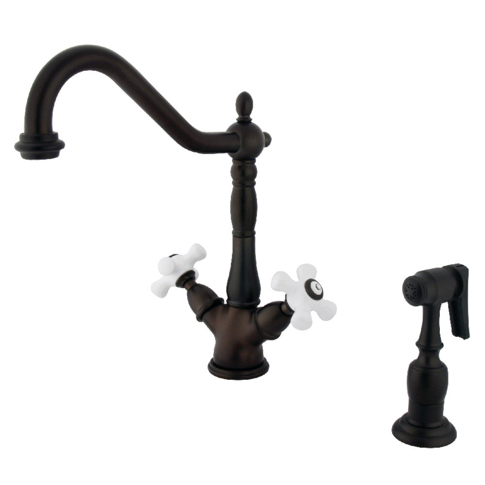Kingston Brass KS1231PXBS Heritage 2-Handle Kitchen Faucet with Brass Sprayer and 8-Inch Plate