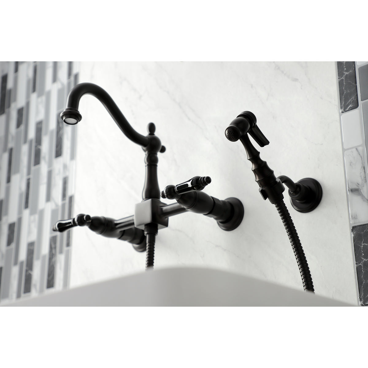 Kingston Brass KS1262PKLBS Duchess Wall Mount Bridge Kitchen Faucet with Brass Sprayer