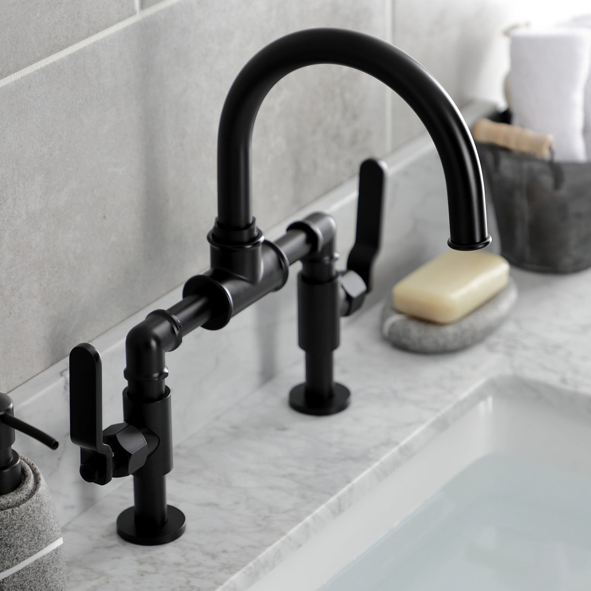 Kingston Brass KS2171KL Whitaker Industrial Style Bridge Bathroom Faucet with Pop-Up Drain