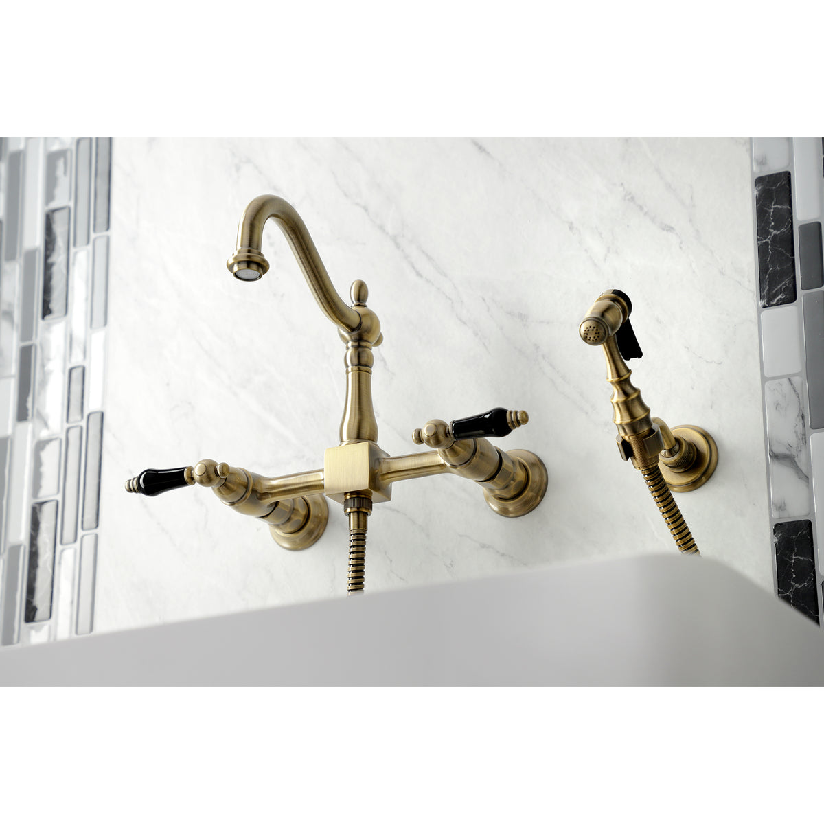 Kingston Brass KS1262PKLBS Duchess Wall Mount Bridge Kitchen Faucet with Brass Sprayer