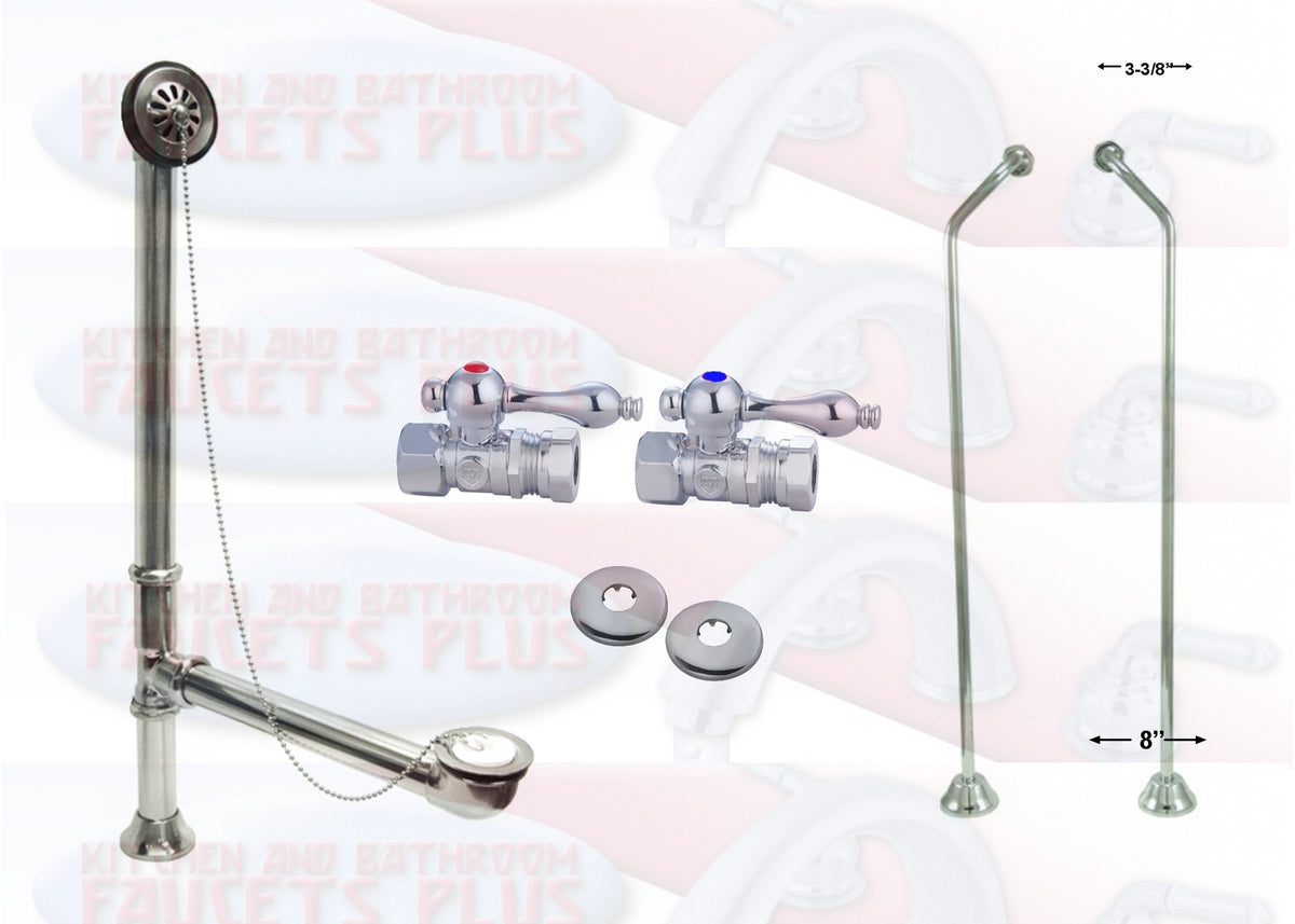 Polished Chrome Clawfoot Drain, Supply &amp; Stop Kit - Double Offset