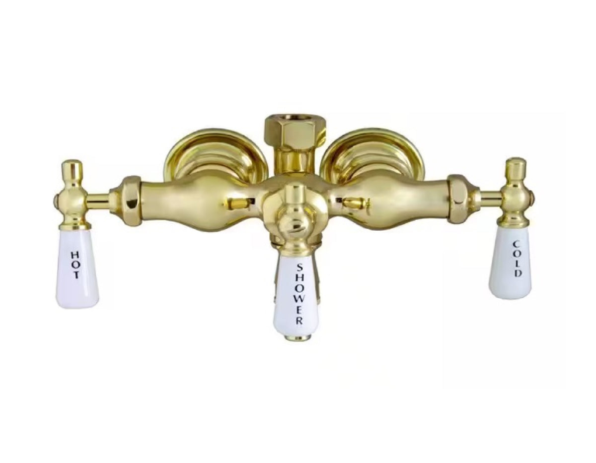 Polished Brass Clawfoot Tub Diverter Faucet with 3 Porcelain Lever Handles