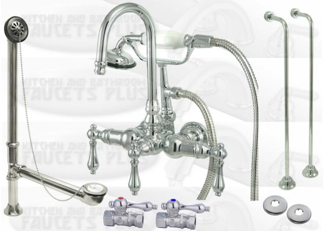 Kingston Brass CCK8T1 Chrome Clawfoot Tub Faucet Drain Supplies Stops Kit