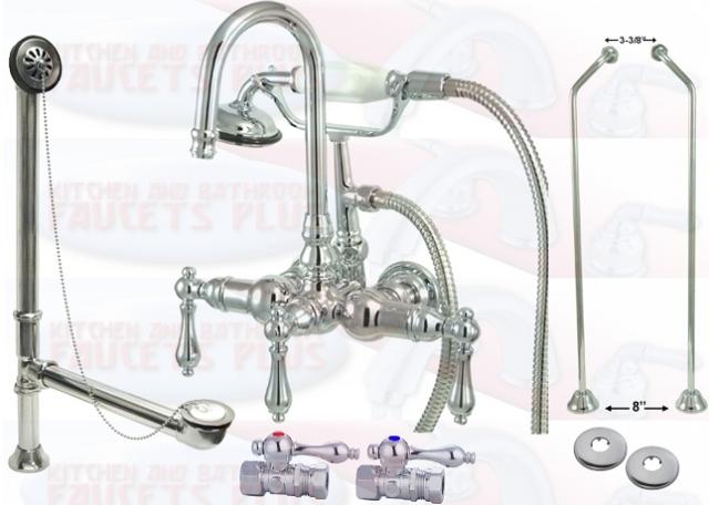 KINGSTON BRASS CCK8T1 CHROME CLAWFOOT TUB FAUCET DRAIN SUPPLIES STOPS KIT