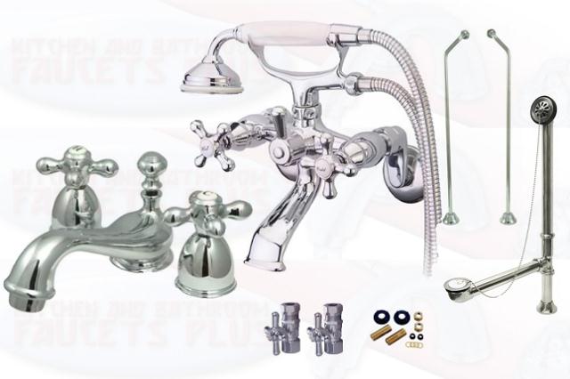 Chrome Clawfoot Tub Faucet Package  Faucet, Oval Shower Enclosure W/Head, Drain &amp; Supply Kit