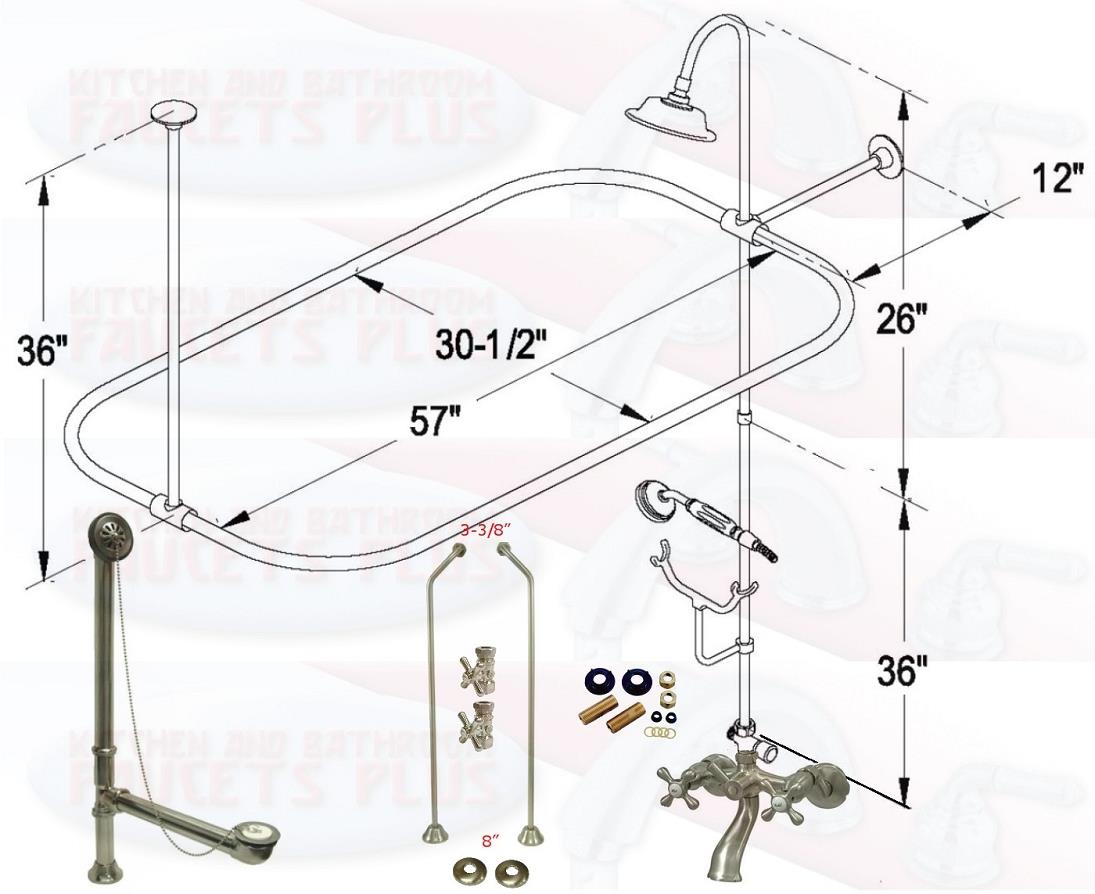 Satin Brushed Nickel Clawfoot Tub Faucet Kit  Faucet, Shower Enclosure W/Head, Drain &amp; Supply