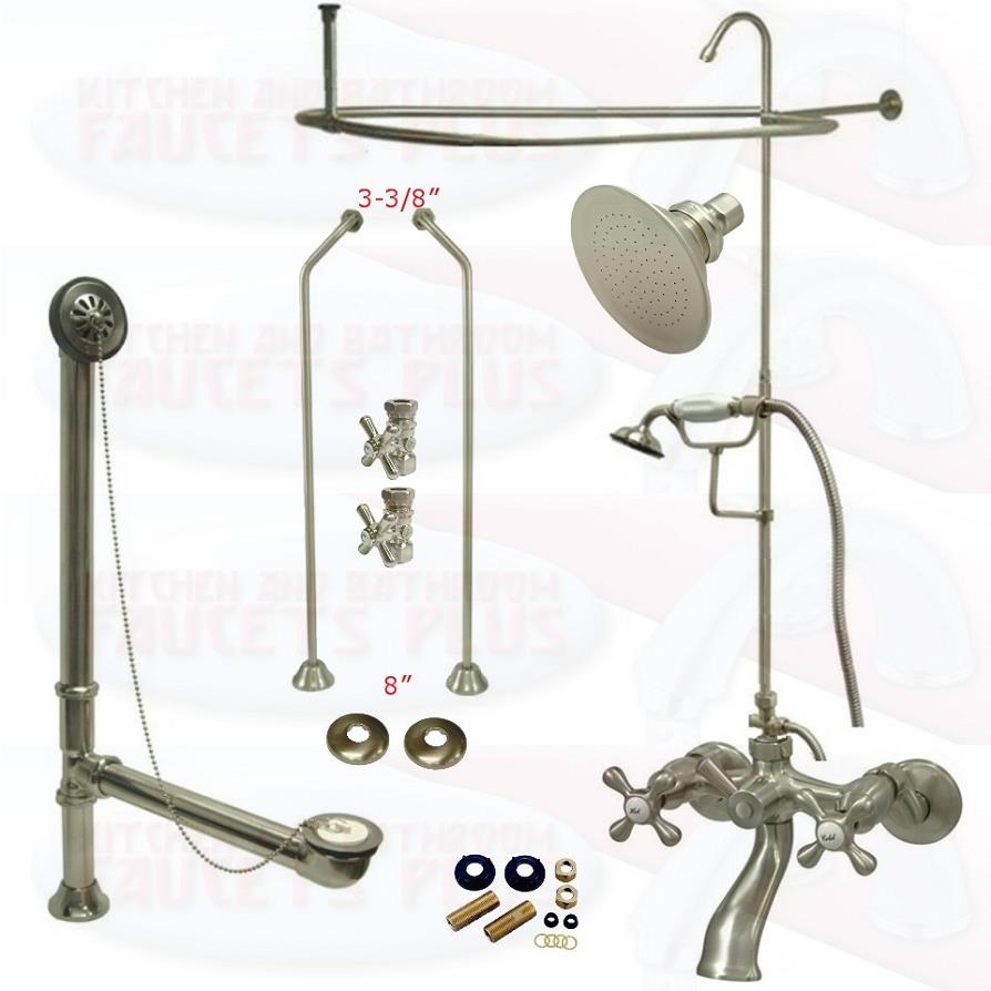 Satin Brushed Nickel Clawfoot Tub Faucet Kit  Faucet, Shower Enclosure W/Head, Drain &amp; Supply