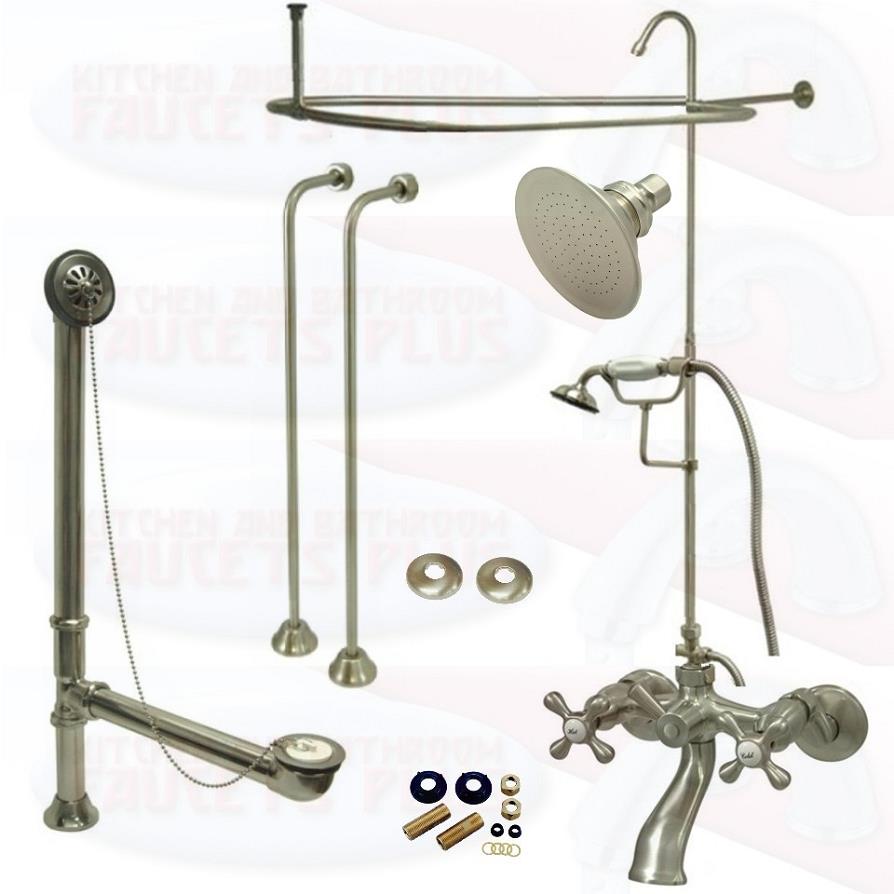 Satin Brushed Nickel Clawfoot Tub Faucet Kit  Faucet, Shower Enclosure W/Head, Drain &amp; Supply
