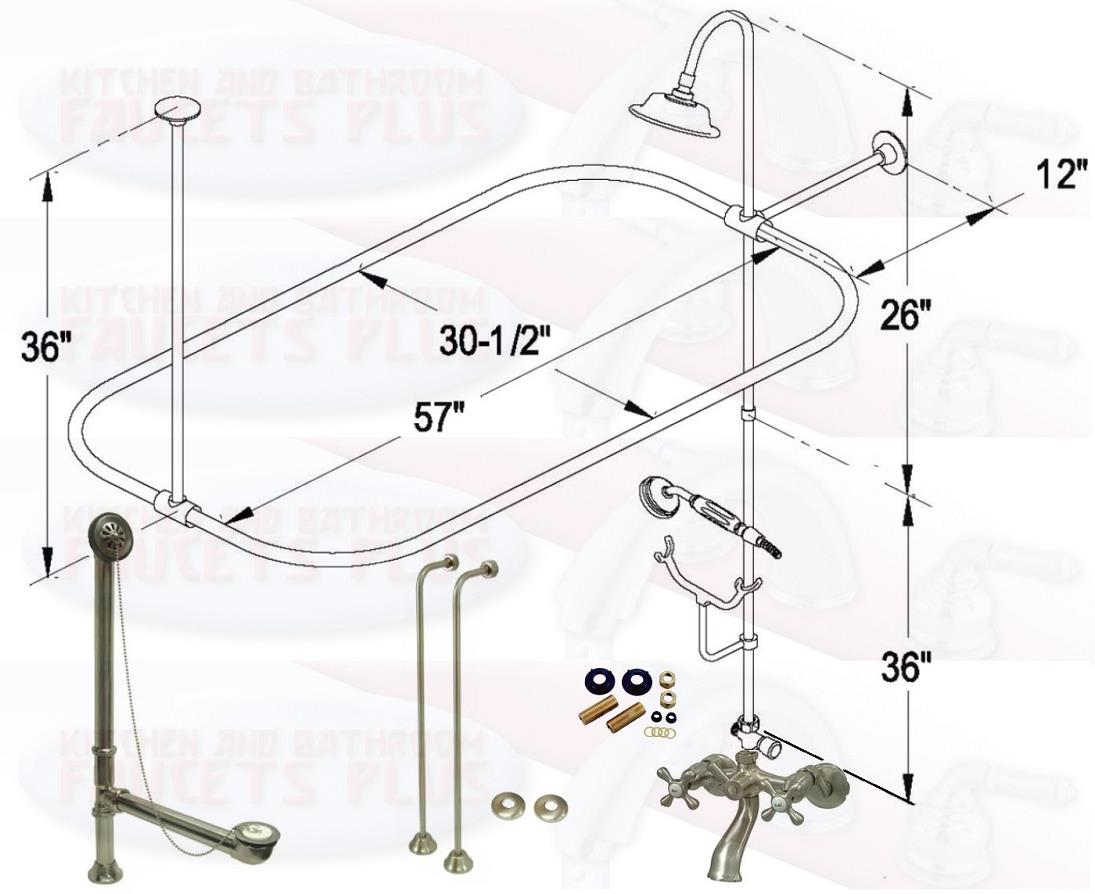 Satin Brushed Nickel Clawfoot Tub Faucet Kit  Faucet, Shower Enclosure W/Head, Drain &amp; Supply