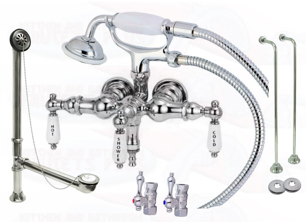 Chrome Stub Pattern Clawfoot Tub Faucet Filler &amp; Hand Shower Kit