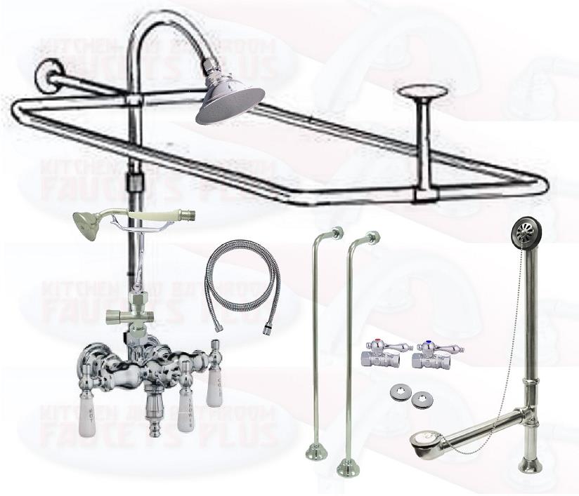 Chrome Tub Mount Clawfoot Bathtub Filler Faucet Kit W/Hand Shower - KBFP - 11629