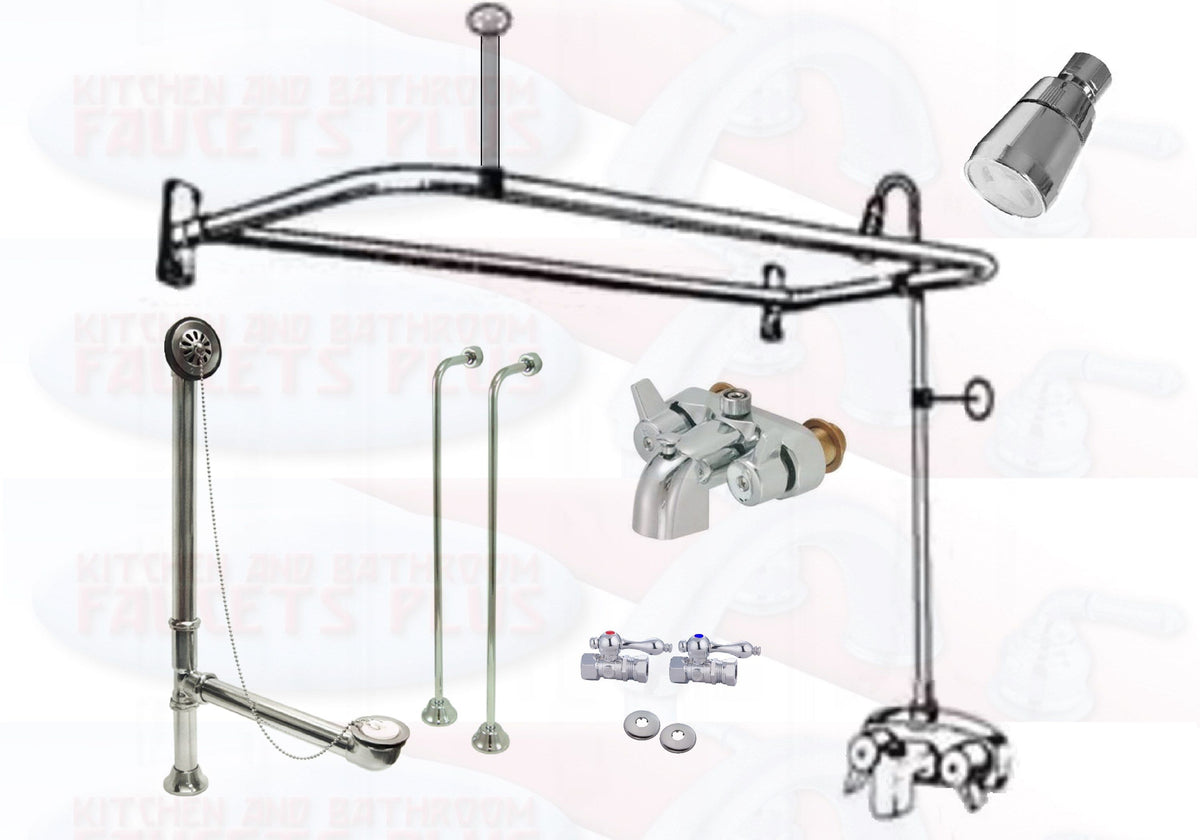 Chrome Clawfoot Tub Faucet Add-A-Shower Kit W/&quot;D&quot;-Ring Curtain Rod, Drain &amp; Supplies