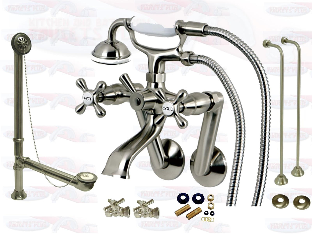 Satin Brushed Nickel Tub Mount Clawfoot Bathtub Filler Faucet Kit W/Hand Shower - KBFP - CCK269SN-SO