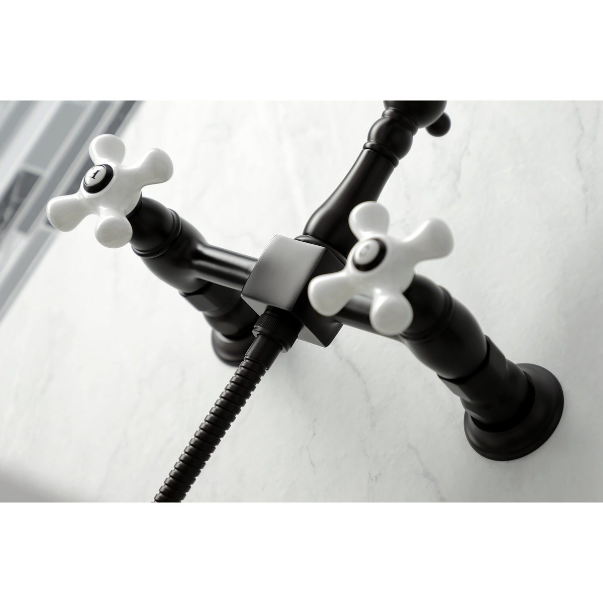 Kingston Brass KS1261PXBS Heritage Wall Mount Bridge Kitchen Faucet with Brass Sprayer