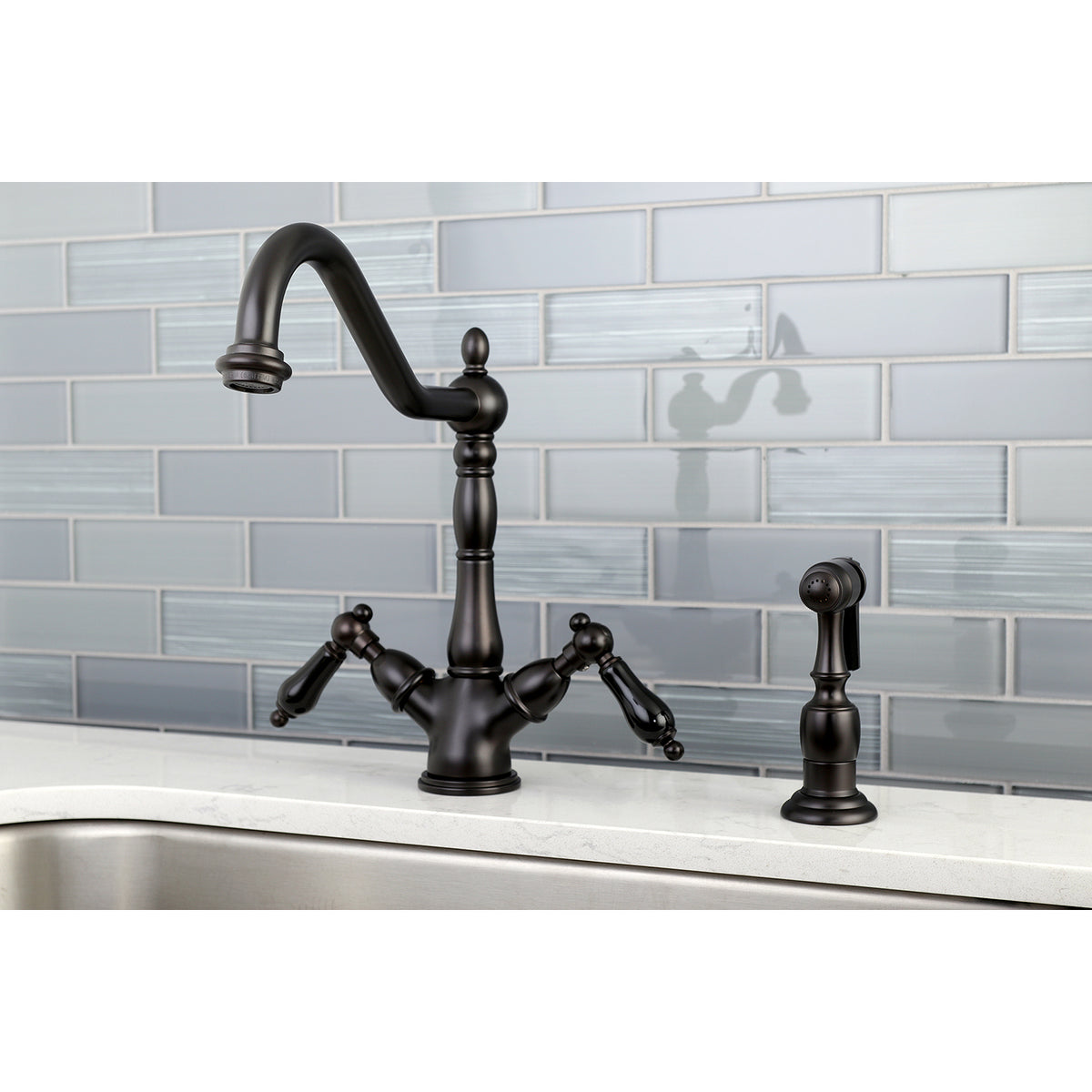 Kingston Brass KS1235PKLBS 8&quot; Centerset Deck Mount Kitchen Faucet with Brass Sprayer