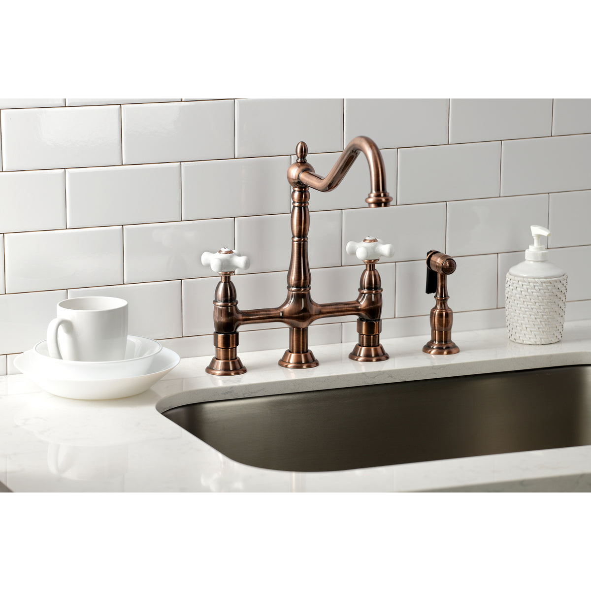 Kingston Brass KS1273PXBS Heritage Bridge Kitchen Faucet with Brass Sprayer