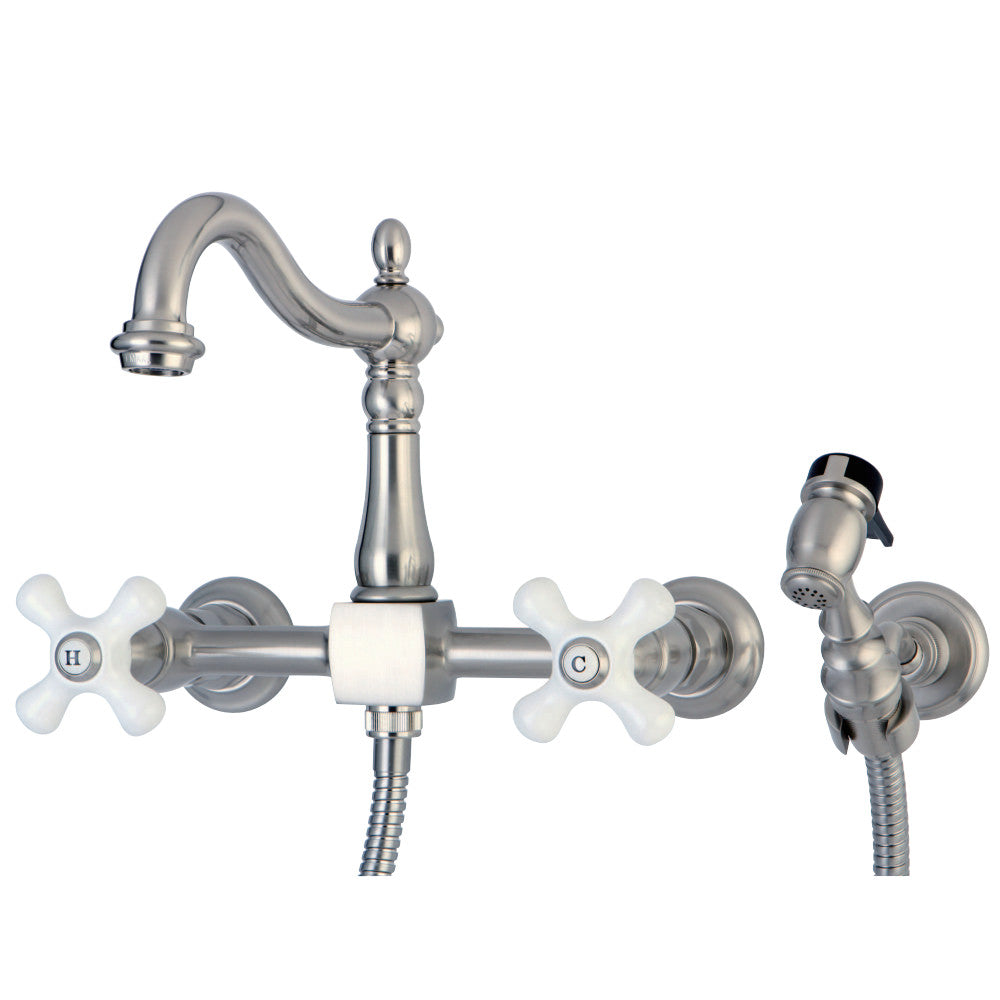 Kingston Brass KS1261PXBS Heritage Wall Mount Bridge Kitchen Faucet with Brass Sprayer