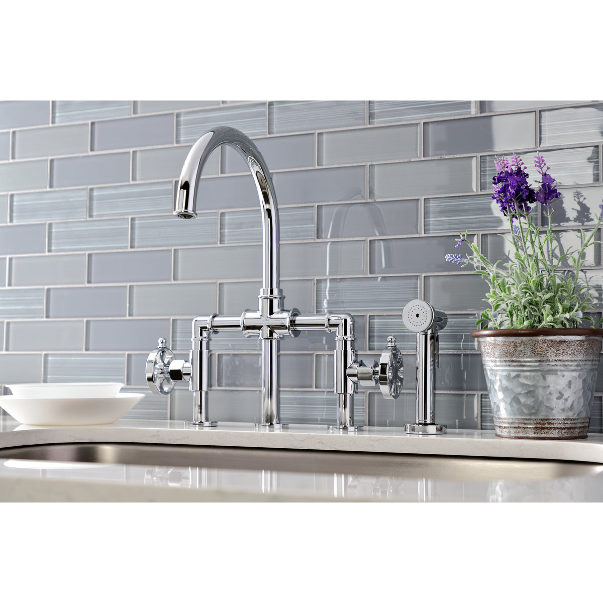 Kingston Brass KS2330RX Belknap Industrial Style Bridge Kitchen Faucet with Brass Sprayer