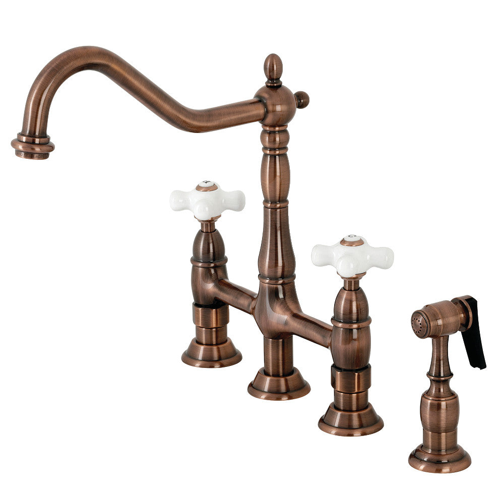 Kingston Brass KS1273PXBS Heritage Bridge Kitchen Faucet with Brass Sprayer